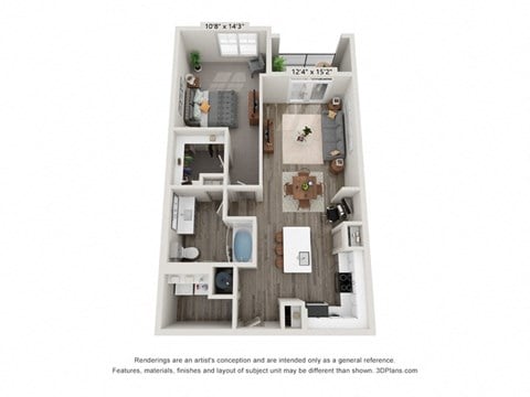 Floor plan for 1 bed, 1 bath, 865 sqft